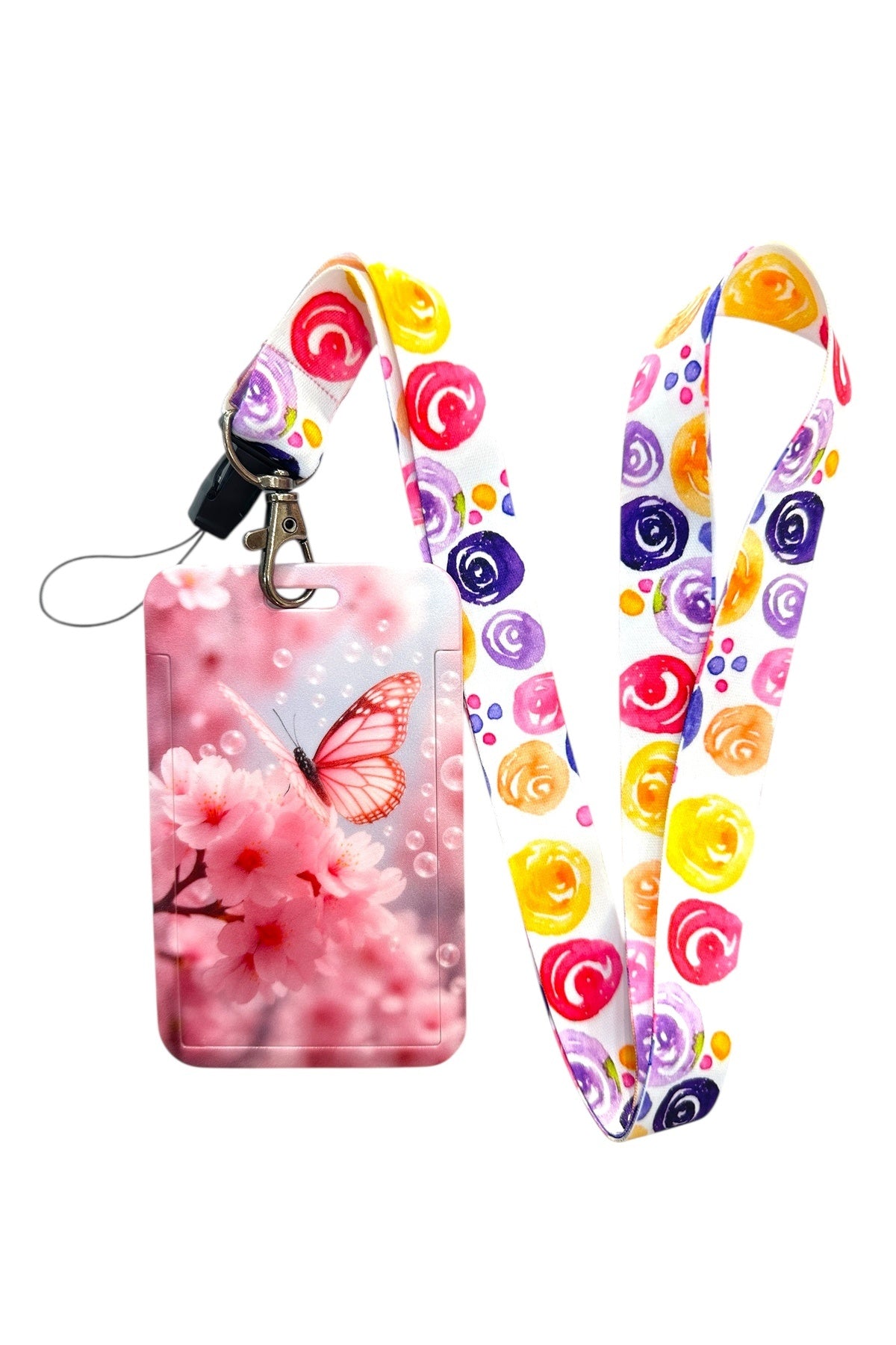 Yaka Kartı İpli Kartlık Koruyucu Askılı Kart Tutucu Kartlık Kelebek Çiçek ve Baloncuk Figürlü