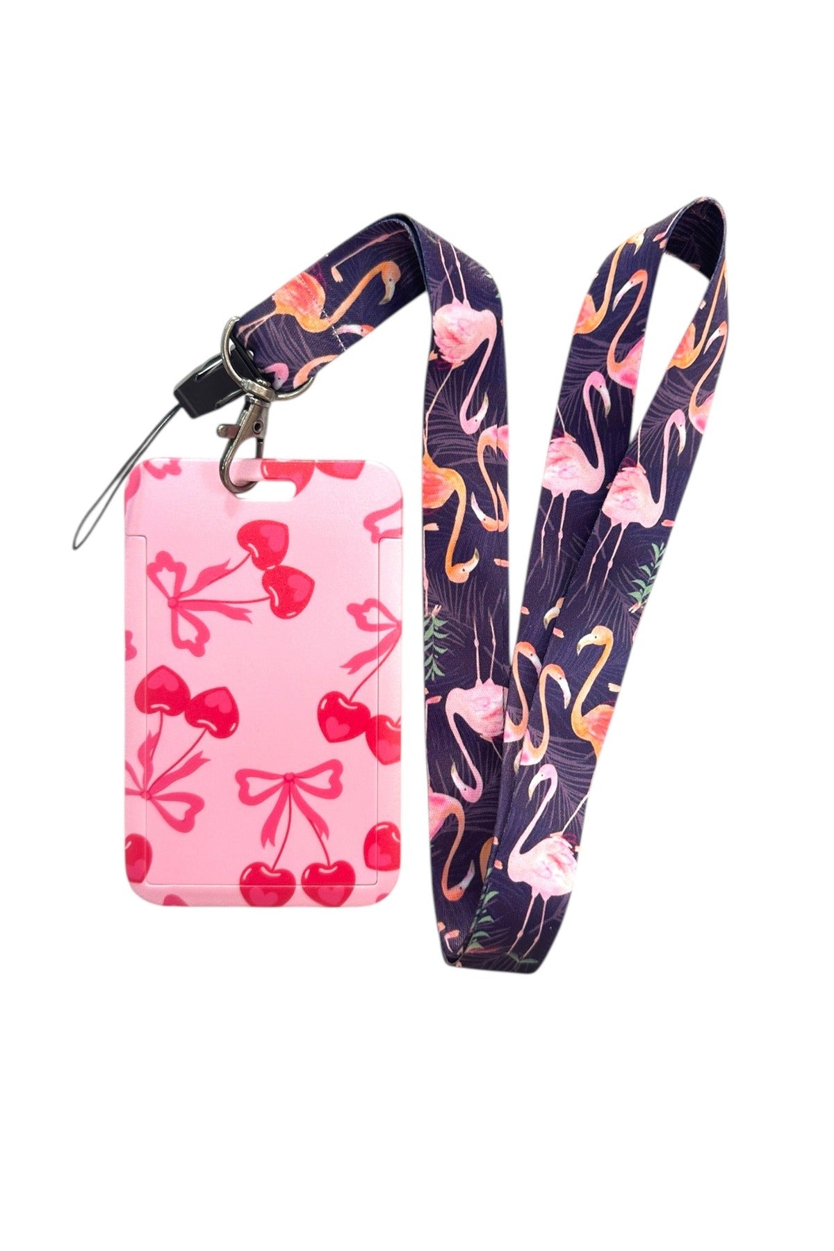 Yaka Kartı İpli Kartlık Koruyucu Askılı Kart Tutucu Kartlık Cherry ve Fiyonk Temalı Pembe