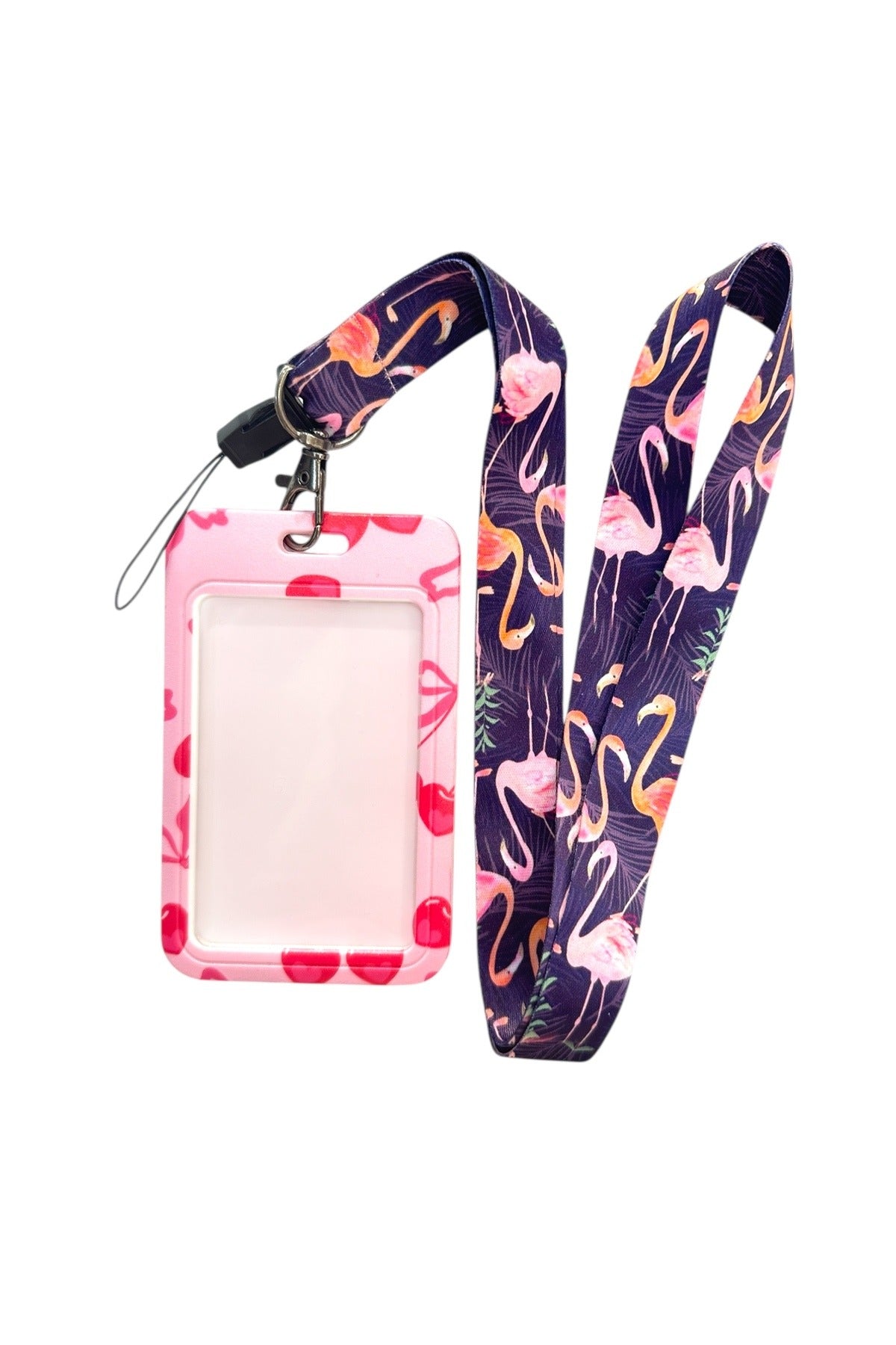 Yaka Kartı İpli Kartlık Koruyucu Askılı Kart Tutucu Kartlık Cherry ve Fiyonk Temalı Pembe