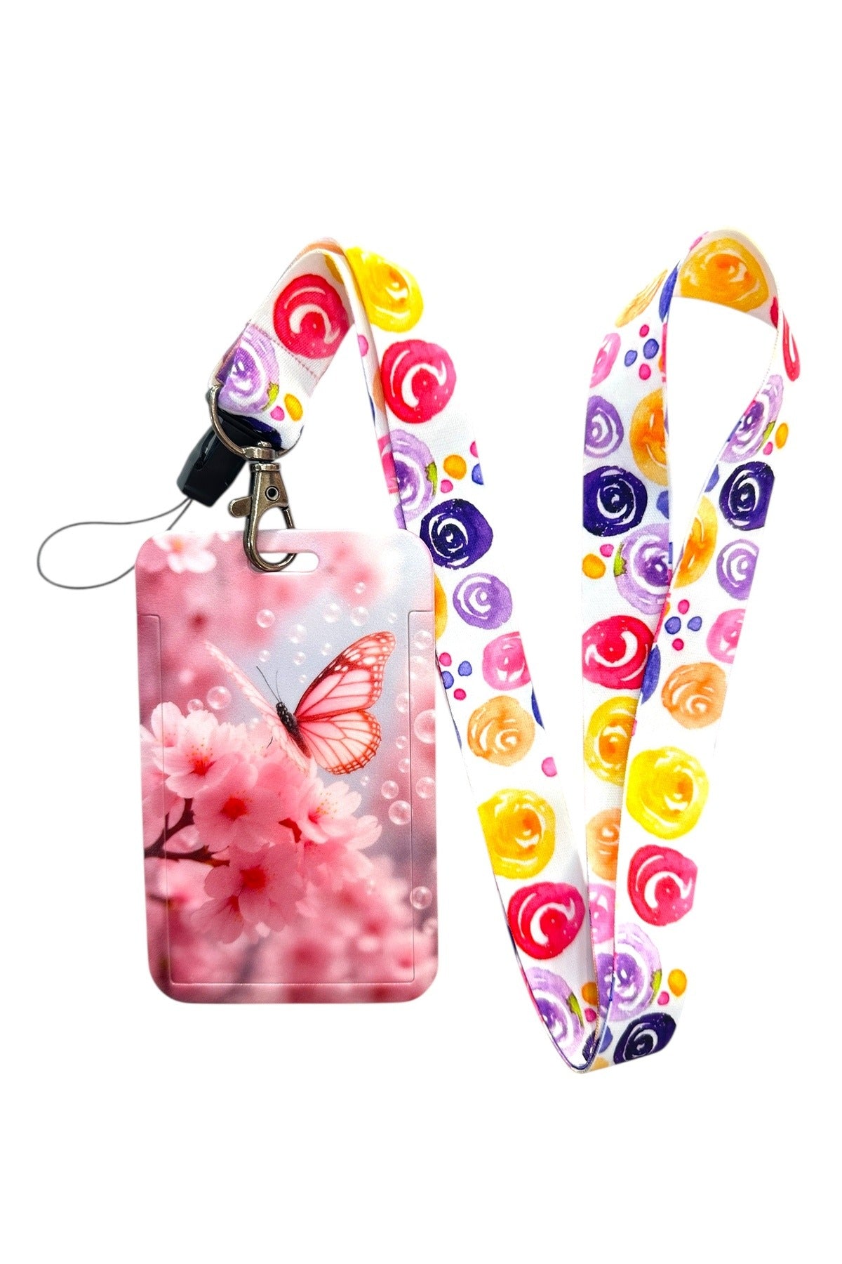 Yaka Kartı İpli Kartlık Koruyucu Askılı Kart Tutucu Kartlık Kelebek Çiçek ve Baloncuk Figürlü