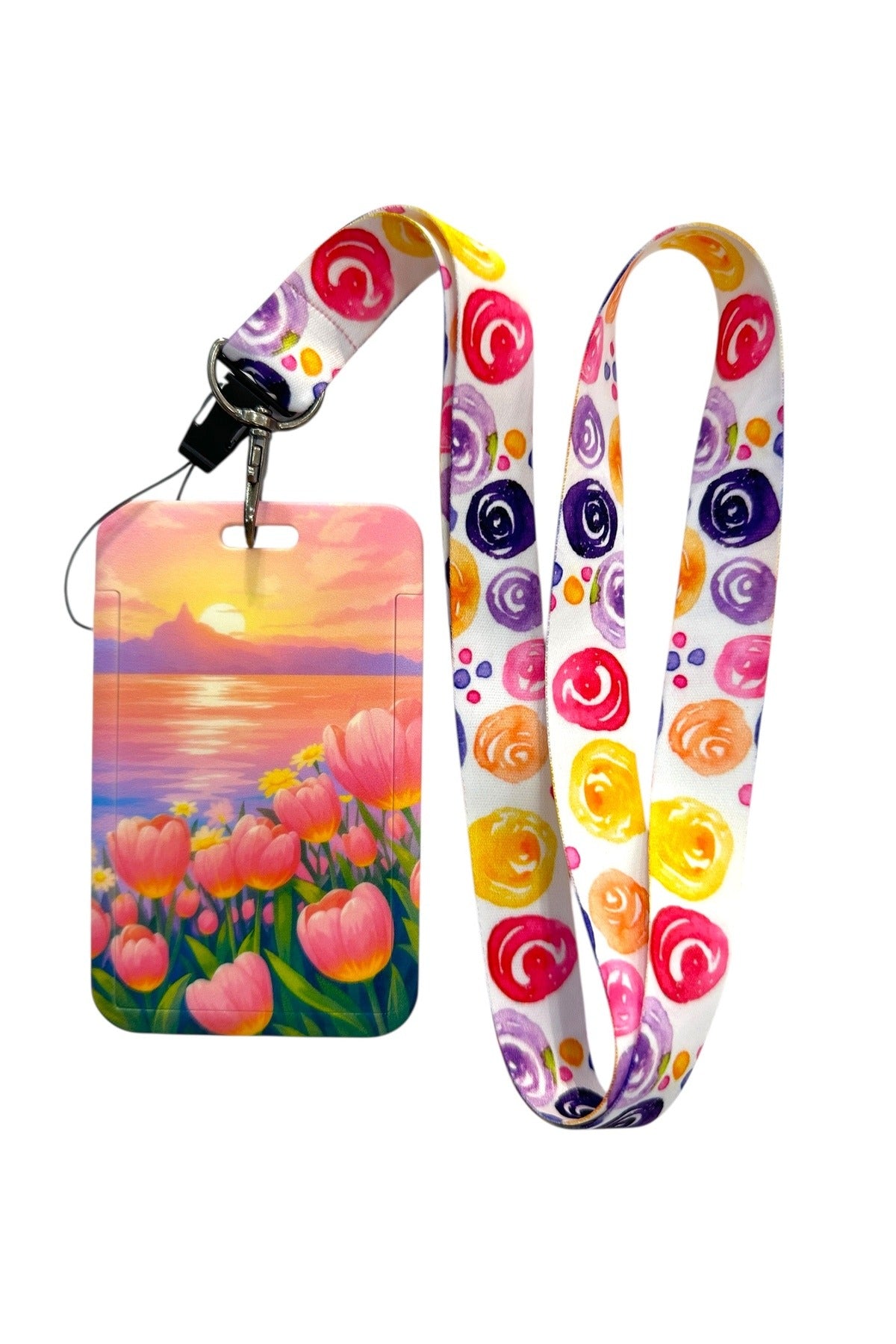 Yaka Kartı İpli Kartlık Koruyucu Askılı Kart Tutucu Kartlık Lale Desen