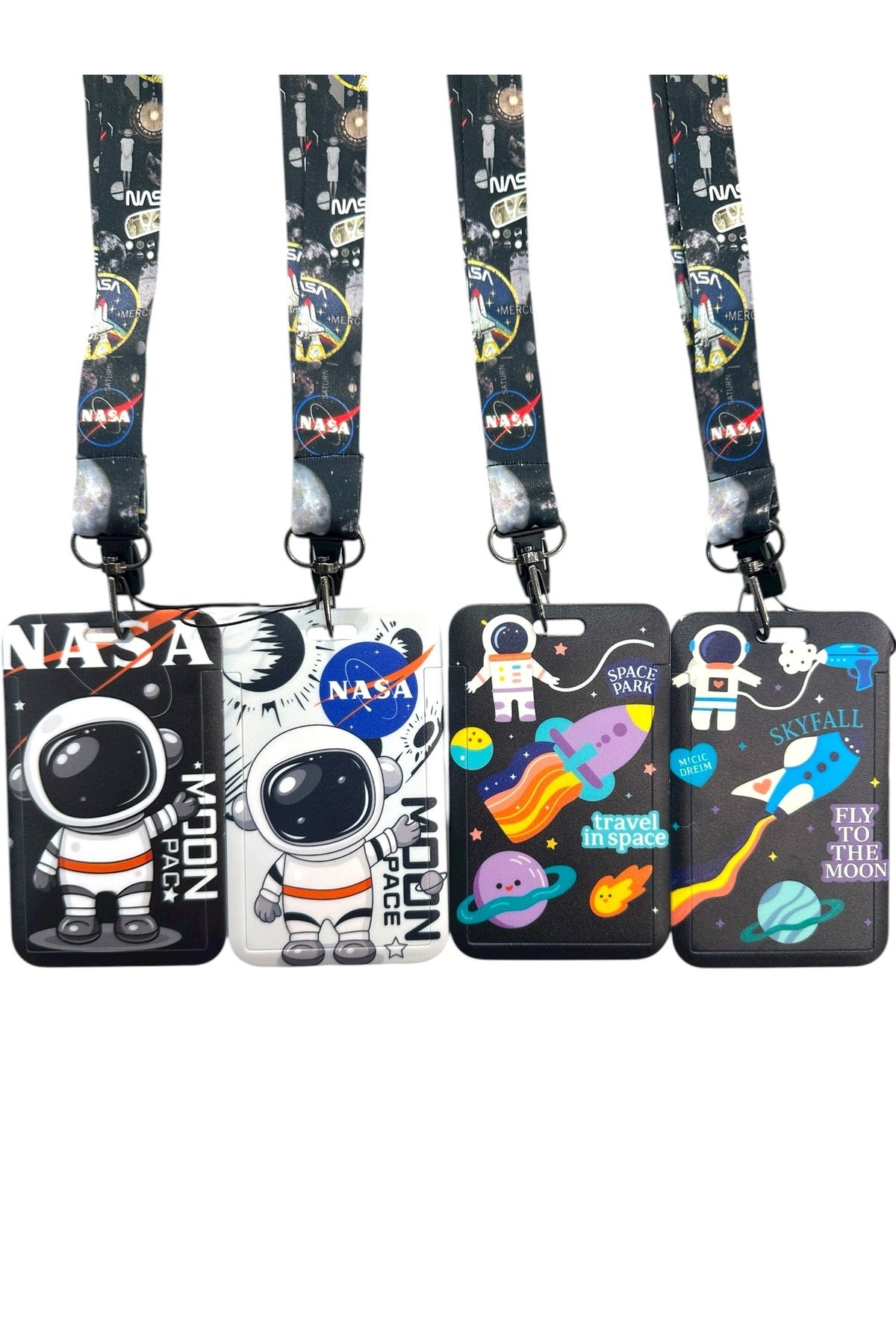 4’lü Yaka Kartlığı Seti, İpli Kartlık Koruyucu Set, Askılı Kart Tutucu, Astronot ve Nasa