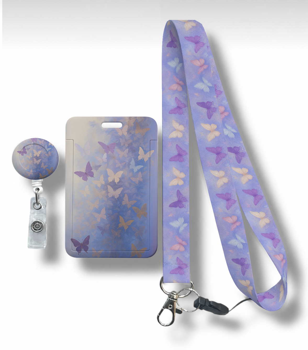 Pastel Kelebek desenli RoyalVance yoyo, boyun askı ipi ve sürgülü kartlık 3’lü set