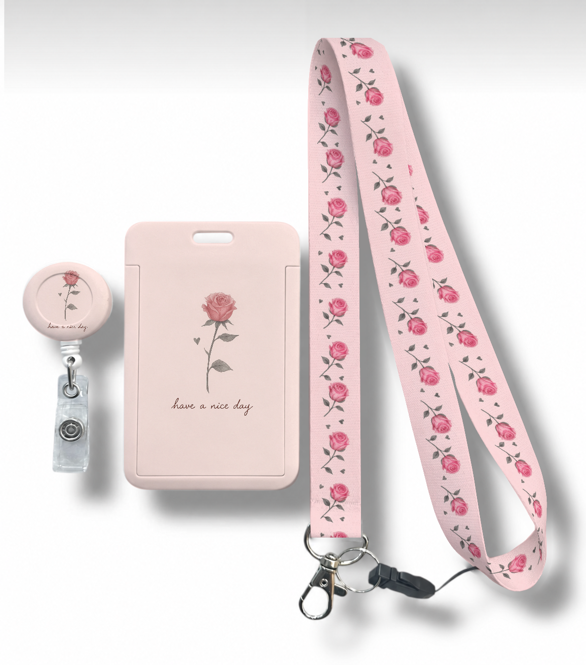 Pembe Gül desenli RoyalVance yoyo, boyun askı ipi ve sürgülü kartlık 3’lü set